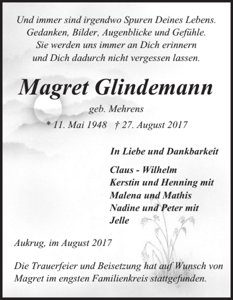  Traueranzeige für Magret Glindemann vom 02.09.2017 aus Landeszeitung