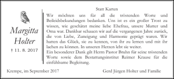 Traueranzeige von Margitta Holter von Norddeutsche Rundschau