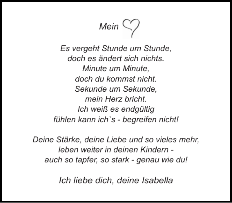  Traueranzeige für Mein Herz vom 30.09.2017 aus Stormarner Tageblatt