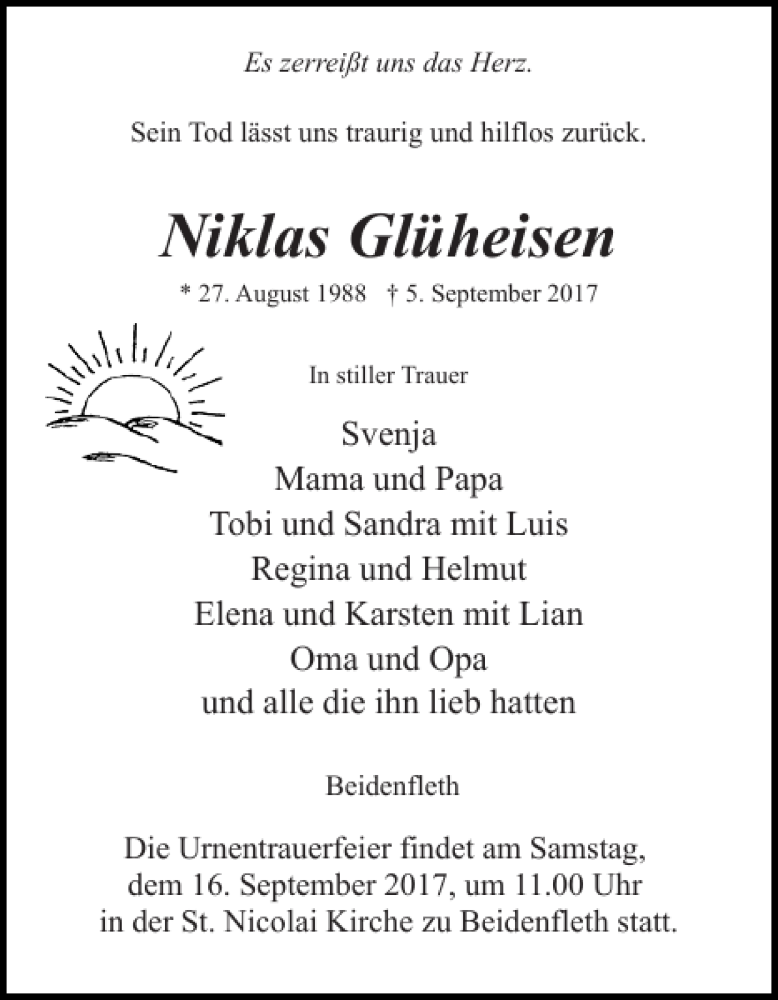  Traueranzeige für Niklas Glüheisen vom 11.09.2017 aus Norddeutsche Rundschau