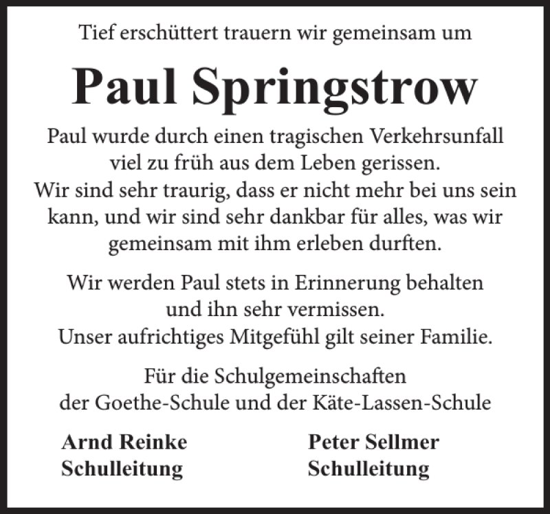  Traueranzeige für Paul Springstrow vom 08.09.2017 aus Flensburger Tageblatt