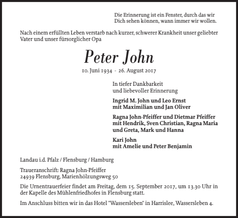  Traueranzeige für Peter John vom 02.09.2017 aus Flensburger Tageblatt