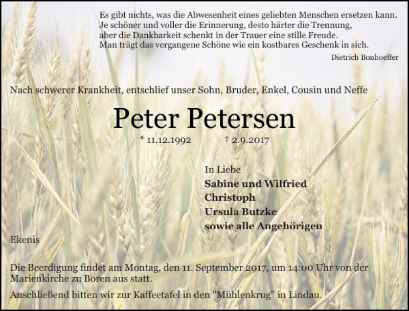  Traueranzeige für Peter Petersen vom 05.09.2017 aus Schlei-Bote