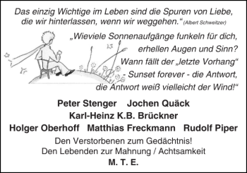 Traueranzeige von Peter Stenger und Jochen Quäck und Karl-Heinz K.B. Brückner und Holger Oberhooff und Matthias Freckmann und Rudolf Piper  von Sylter Rundschau