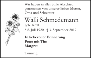 Traueranzeige von Walli Schmedemann von Husumer Nachrichten