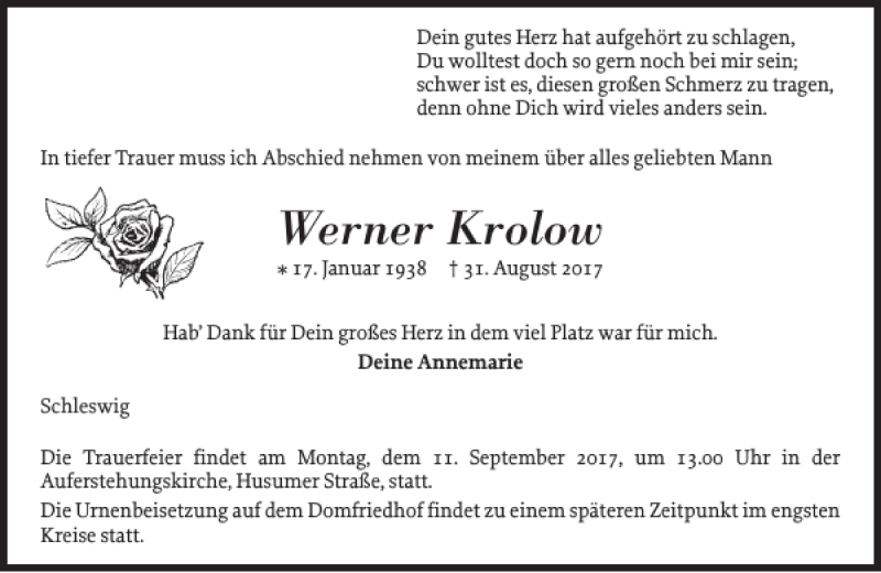  Traueranzeige für Werner Krolow vom 06.09.2017 aus Schleswiger Nachrichten