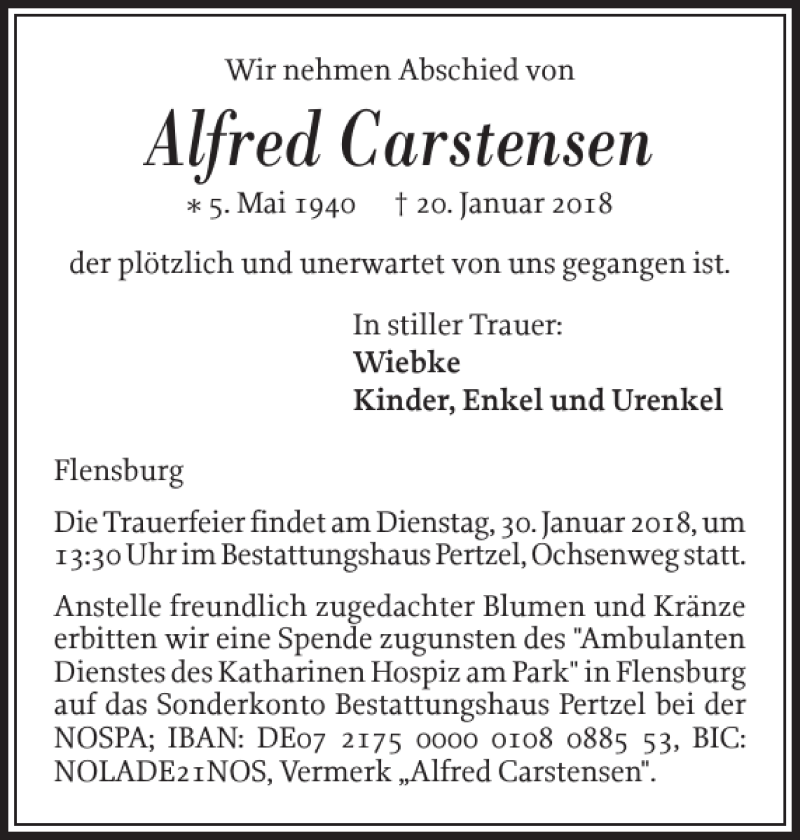 Traueranzeige für Alfred Carstensen vom 27.01.2018 aus Flensburger Tageblatt