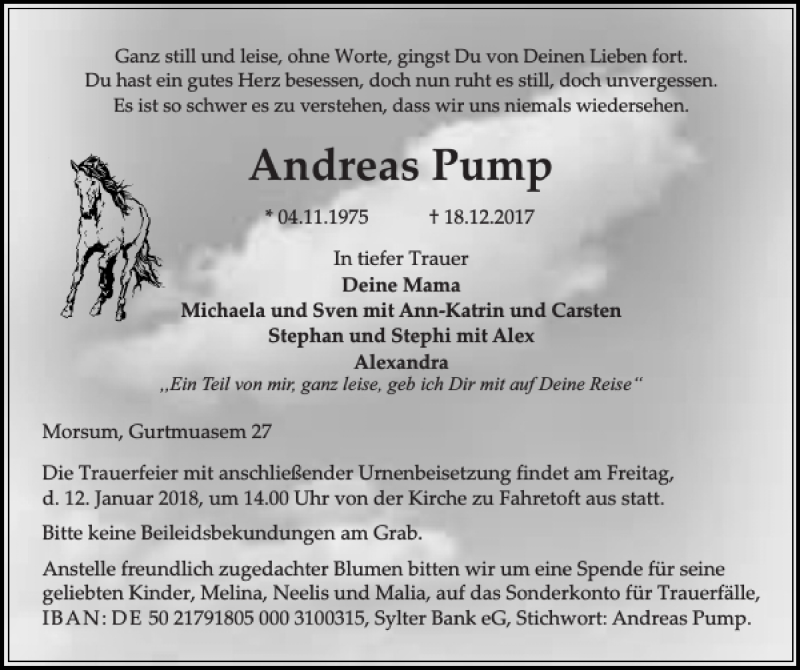  Traueranzeige für Andreas Pump vom 06.01.2018 aus Sylter Rundschau