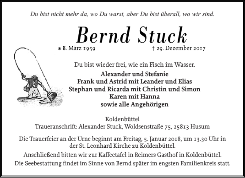  Traueranzeige für Bernd Stuck vom 02.01.2018 aus Husumer Nachrichten