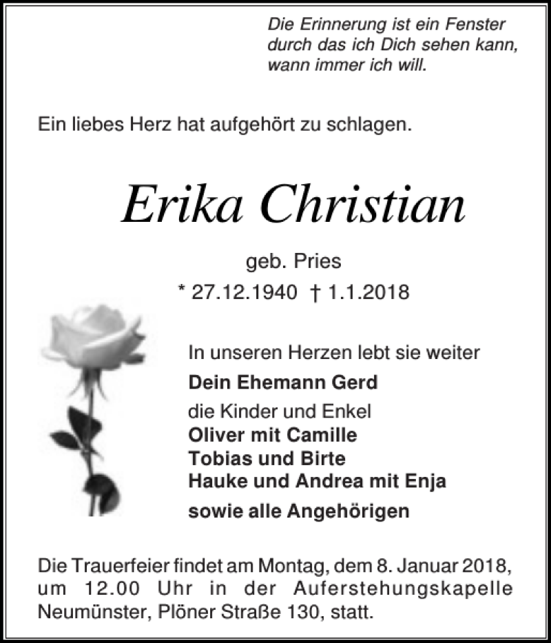  Traueranzeige für Erika Christian vom 04.01.2018 aus Holsteinischer Courier