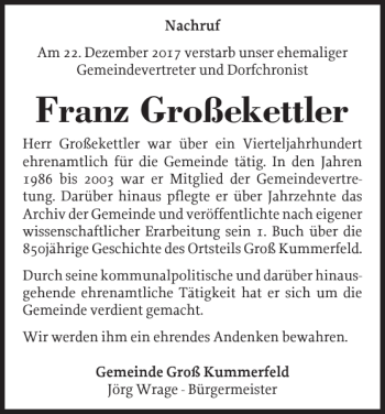 Traueranzeige von Franz Großekettler von Holsteinischer Courier