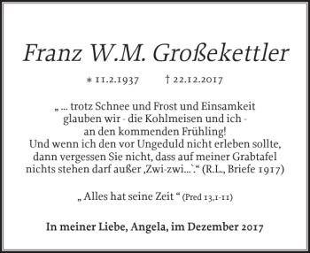 Traueranzeige von Franz W. M. Großekettler von Holsteinischer Courier