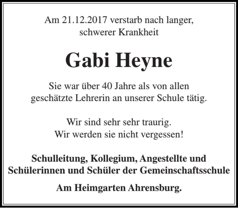  Traueranzeige für Gabi Heyne vom 06.01.2018 aus Stormarner Tageblatt