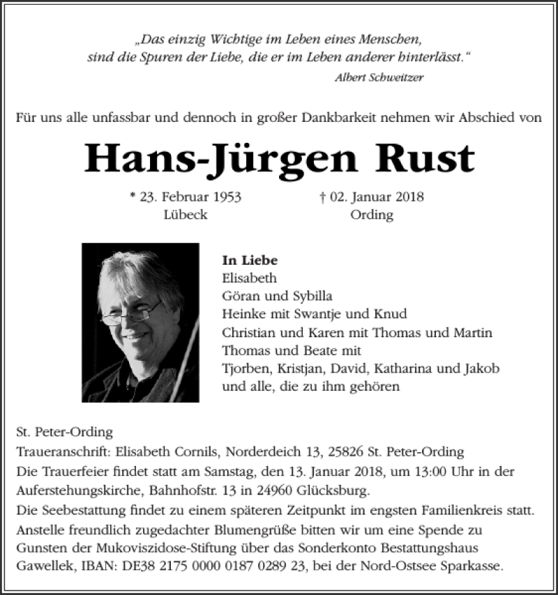  Traueranzeige für Hans-Jürgen Rust vom 06.01.2018 aus Flensburger Tageblatt