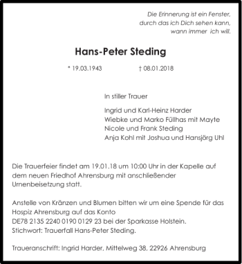 Traueranzeige von Hans-Peter Steding von Stormarner Tageblatt