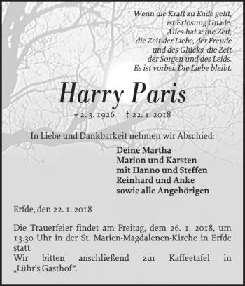 Traueranzeige von Harry Paris von Landeszeitung