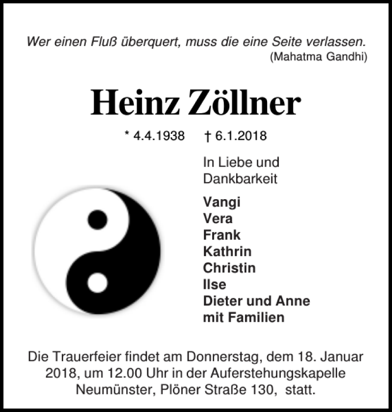  Traueranzeige für Heinz Zöllner vom 13.01.2018 aus Holsteinischer Courier