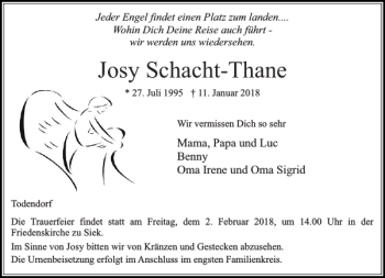 Traueranzeige von Josy Schacht-Thane von Stormarner Tageblatt