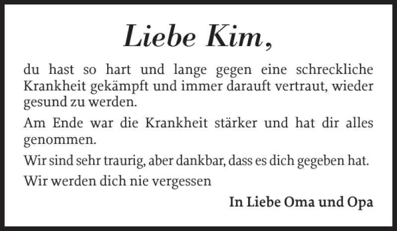  Traueranzeige für Liebe Kim vom 12.01.2018 aus Schleswiger Nachrichten