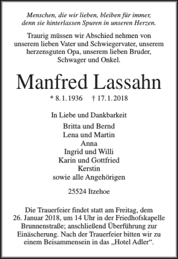 Traueranzeige von Manfred Lassahn von Norddeutsche Rundschau