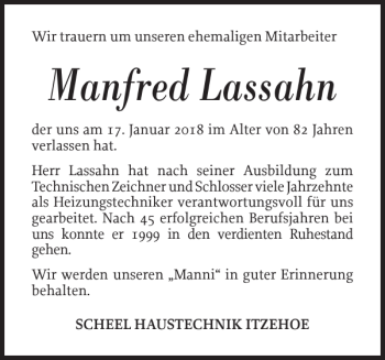 Traueranzeige von Manfred Lassahn von Norddeutsche Rundschau