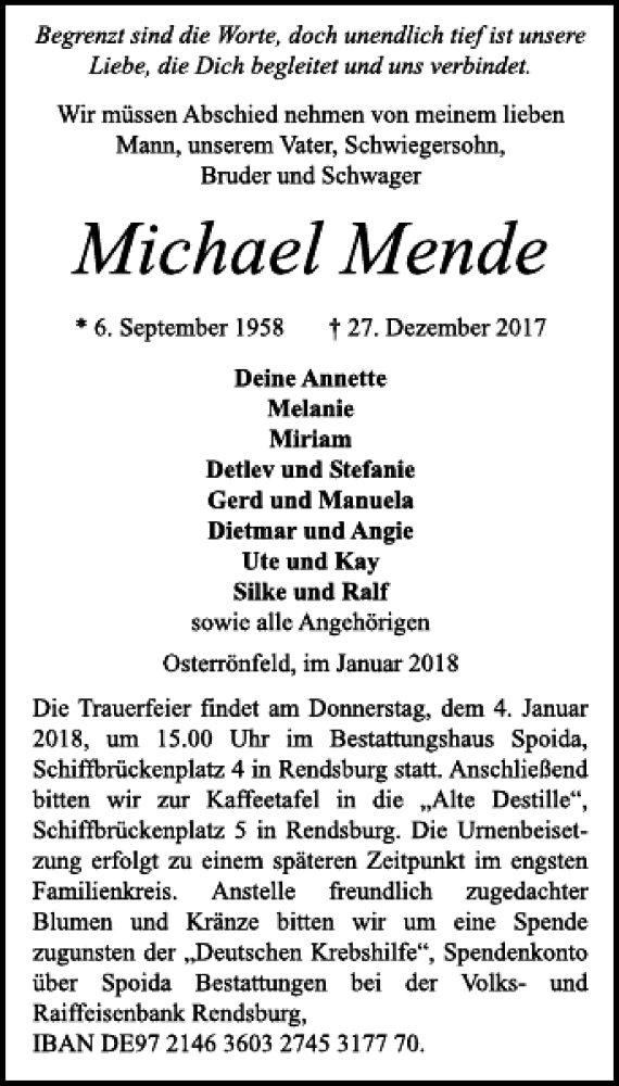  Traueranzeige für Michael Mende vom 02.01.2018 aus Landeszeitung