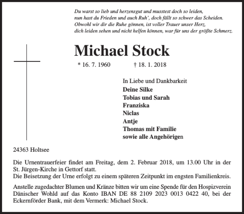  Traueranzeige für Michael Stock vom 24.01.2018 aus Eckernförder Zeitung