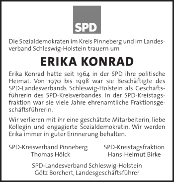 Traueranzeige von SPD-Kreisverband Pinneberg Thomas Hölck SPD-Kreistagsfraktion Hans-Helmut Birke  von Pinneberger Tageblatt
