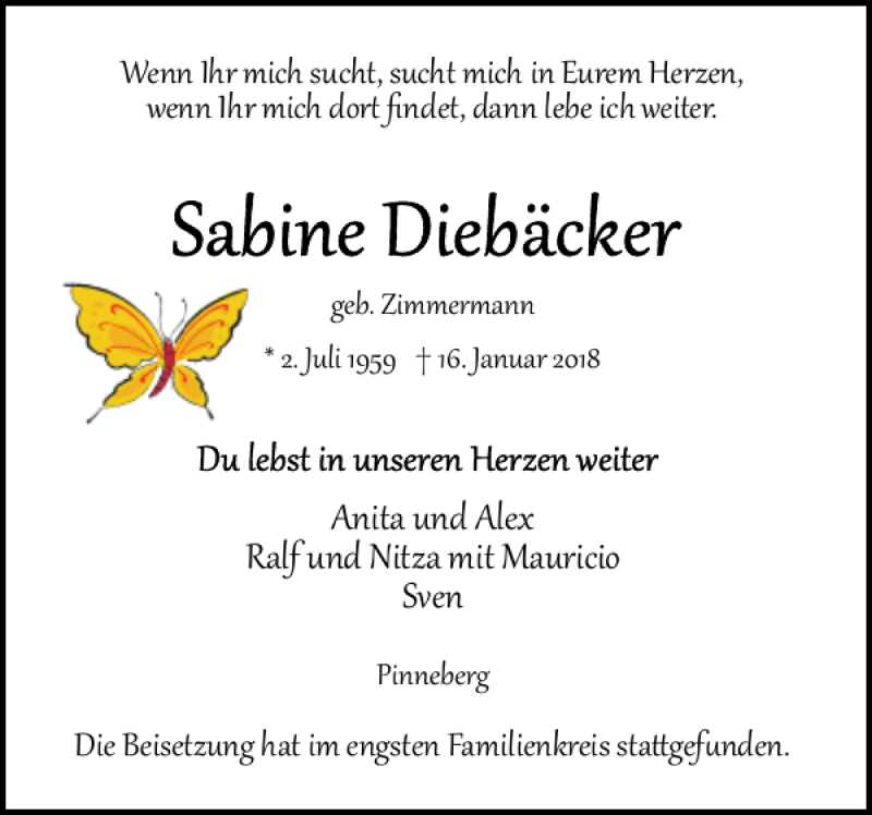  Traueranzeige für Sabine Diebäcker vom 31.01.2018 aus Pinneberger Tageblatt