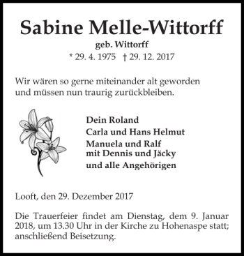 Traueranzeige von Sabine Melle-Wittorff von Norddeutsche Rundschau