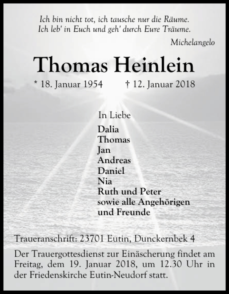  Traueranzeige für Thomas Heinlein vom 17.01.2018 aus Ostholsteiner Anzeiger