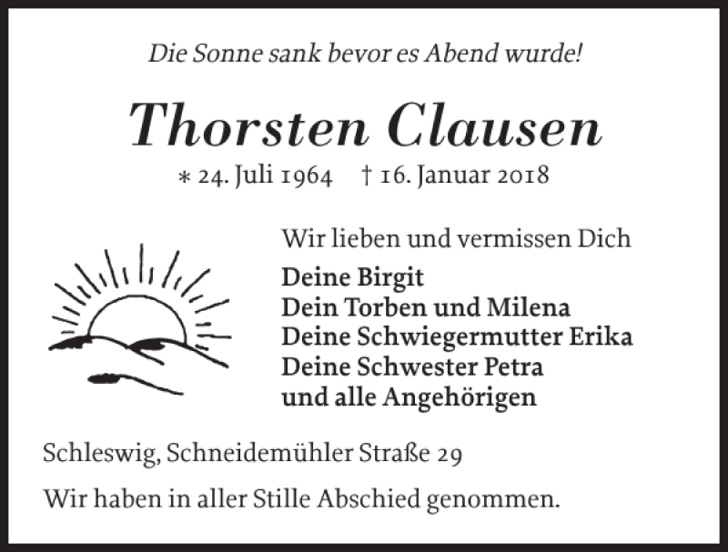  Traueranzeige für Thorsten Clausen vom 27.01.2018 aus Schleswiger Nachrichten
