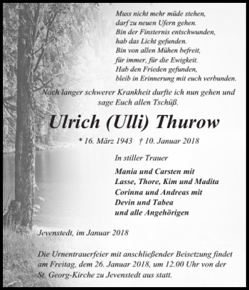 Traueranzeige von Ulrich (Ulli) Thurow von Landeszeitung