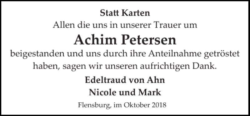  Traueranzeige für Achim Petersen vom 20.10.2018 aus Flensburger Tageblatt