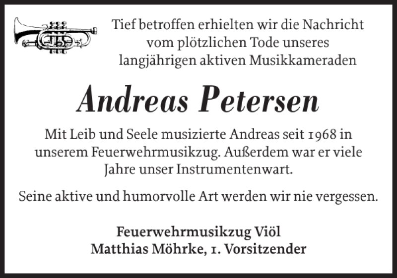  Traueranzeige für Andreas Petersen vom 05.10.2018 aus Husumer Nachrichten