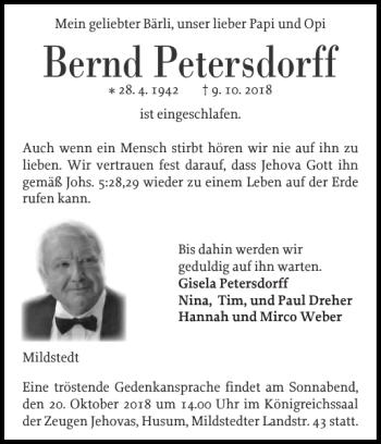 Traueranzeige von Bernd Petersdorff von Husumer Nachrichten