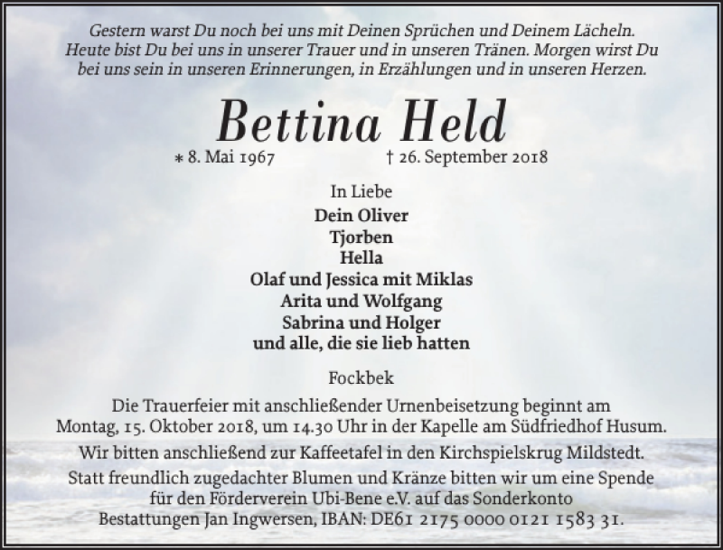  Traueranzeige für Bettina Held vom 06.10.2018 aus Landeszeitung