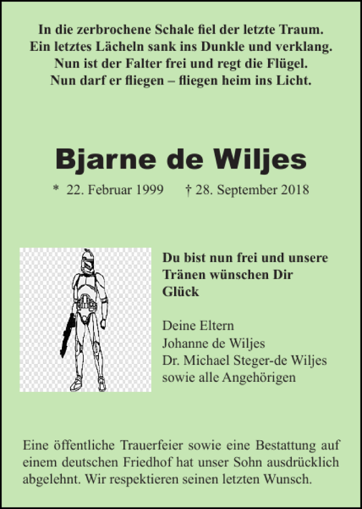  Traueranzeige für Bjarne de Wiljes vom 04.10.2018 aus Husumer Nachrichten