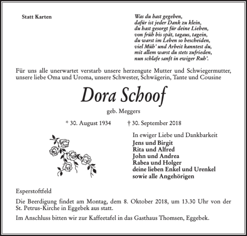  Traueranzeige für Dora Schoof vom 04.10.2018 aus Flensburger Tageblatt