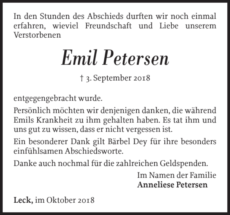  Traueranzeige für Emil Petersen vom 06.10.2018 aus Nordfriesland Tageblatt