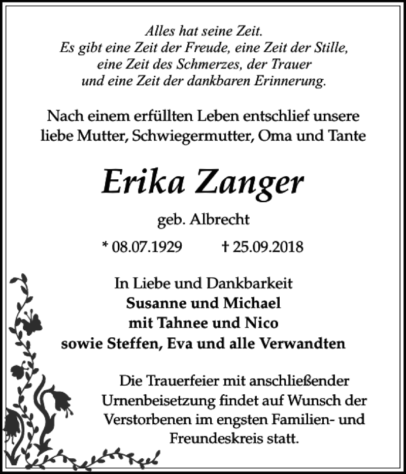  Traueranzeige für Erika Zanger vom 08.10.2018 aus Sylter Rundschau