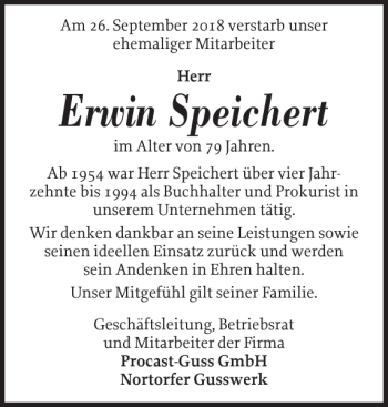 Traueranzeige von Erwin Speichert von Landeszeitung