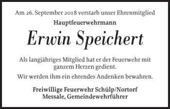 Traueranzeige von Erwin Speichert von Landeszeitung