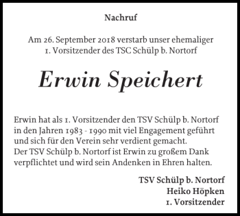 Traueranzeige von Erwin Speichert von Landeszeitung