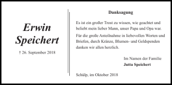 Traueranzeige von Erwin Speichert von Landeszeitung