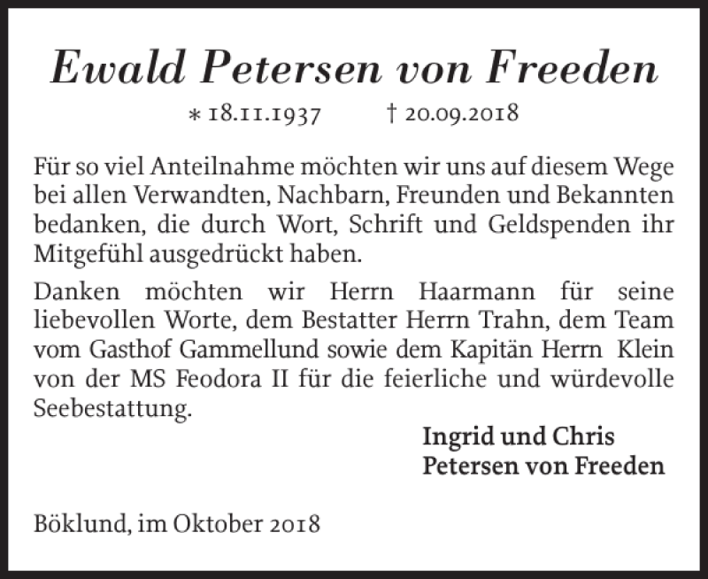  Traueranzeige für Ewald Petersen von Freeden vom 27.10.2018 aus Schleswiger Nachrichten