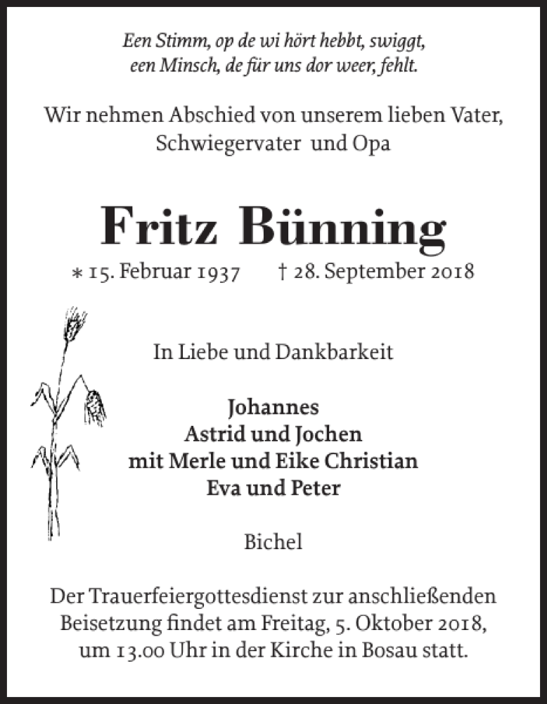  Traueranzeige für Fritz Bünning vom 02.10.2018 aus Ostholsteiner Anzeiger