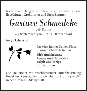 Traueranzeige von Gustave Schmedeke von Flensburger Tageblatt