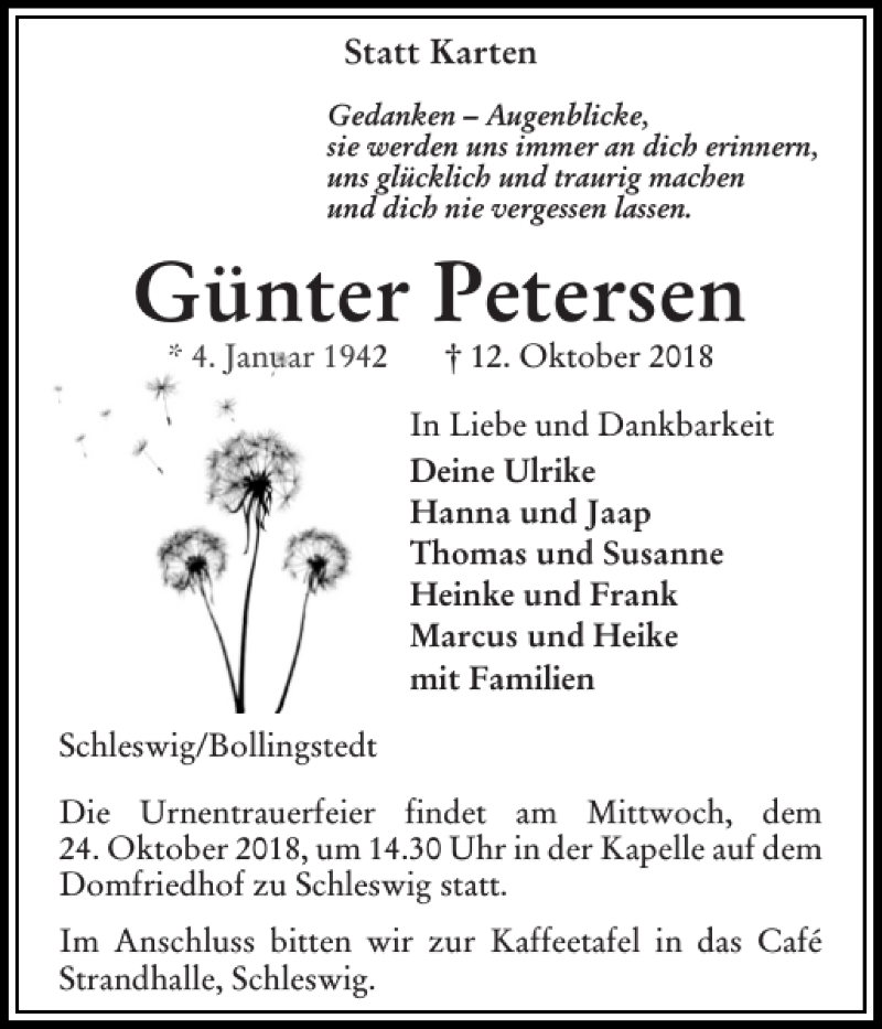  Traueranzeige für Günter Petersen vom 17.10.2018 aus Flensburger Tageblatt