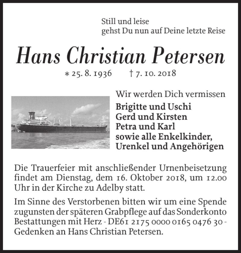  Traueranzeige für Hans Christian Petersen vom 13.10.2018 aus Flensburger Tageblatt